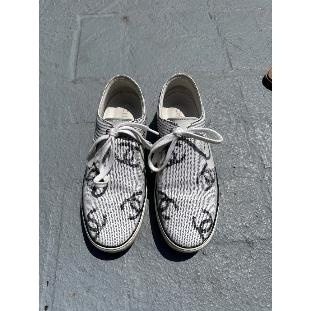 Chanel CC Logo Knit Sneakers Black White Blue Low Top Trainers G33731 Size 39